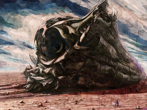Anime picture 1024x768 with shirakaba landscape ruins science fiction desert crash child (children) dog spacecraft