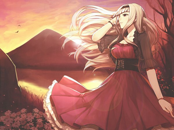 Anime picture 1000x750 with touhou shijou takane hitoto single long hair red eyes white hair evening sunset mountain girl dress flower (flowers) hairband