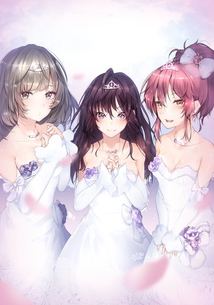 Anime picture 1512x2150 with idolmaster idolmaster cinderella girls ichinose shiki takagaki kaede jougasaki mika hplay (kyoshinou) long hair tall image looking at viewer fringe short hair open mouth black hair simple background smile hair between eyes brown hair purple eyes bare shoulders multiple girls