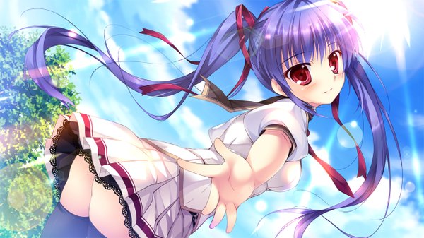 Anime picture 1280x720 with hyakugojuunenme no mahoutsukai pink chuchu (artbook) hoshioki nadeshiko mikeou single long hair looking at viewer blush breasts light erotic red eyes wide image twintails sky purple hair light smile outstretched arm girl thighhighs skirt