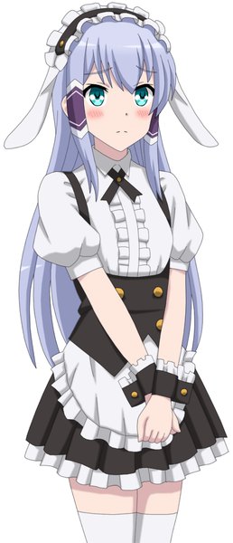 Anime picture 430x1000 with gochuumon wa usagi desu ka? isekai wa smartphone to tomo ni. white fox kirima sharo else shileska cp9a single long hair tall image looking at viewer blush fringe simple background hair between eyes standing white background silver hair aqua eyes short sleeves maid