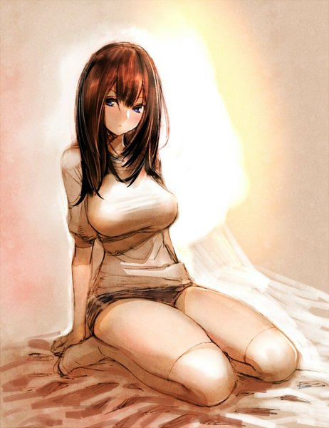 Anime picture 770x1000 with original bow (bhp) single long hair tall image fringe breasts blue eyes simple background brown hair large breasts sitting looking away girl thighhighs