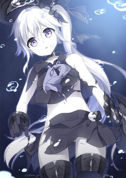 Anime picture 800x1130 with kantai collection destroyer hime masuishi kinoto single long hair tall image fringe light erotic hair between eyes purple eyes signed white hair twitter username torn clothes side ponytail ass visible through thighs underwater surprised hat removed shinkaisei-kan