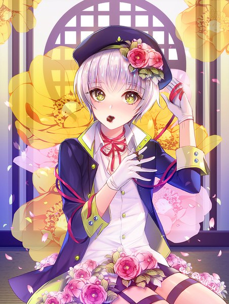 Anime picture 750x996 with original eu (euspia) single tall image looking at viewer blush short hair sitting green eyes silver hair arm up hair flower open collar valentine otoko no ko floral background food in mouth boy gloves flower (flowers)