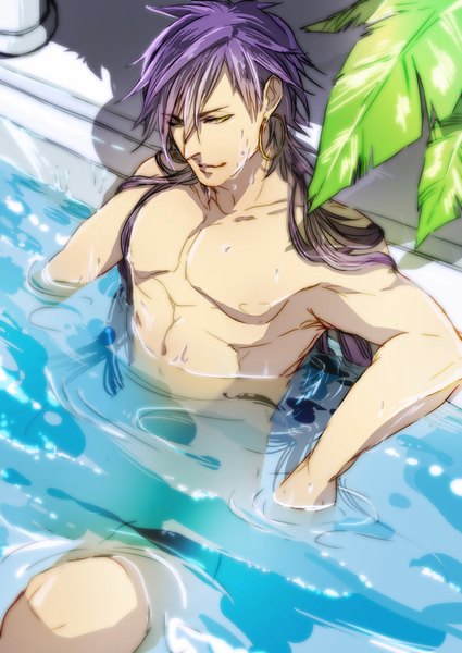 Anime picture 709x1000 with magi the labyrinth of magic a-1 pictures sinbad (magi) amane0623 single long hair tall image light erotic yellow eyes purple hair nude shadow looking down boy plant (plants) earrings water pool