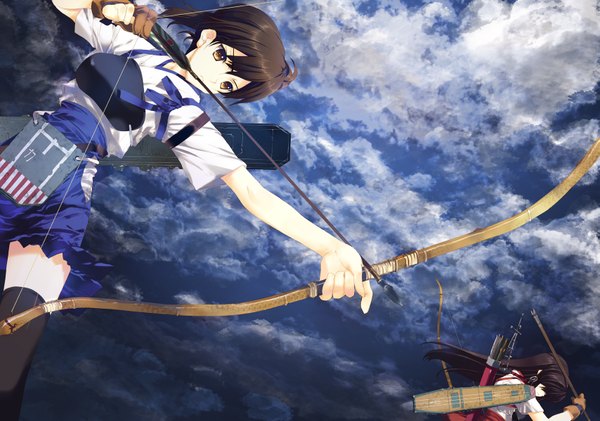 Anime picture 1707x1200 with kantai collection kaga aircraft carrier akagi aircraft carrier nakamura takeshi long hair looking at viewer highres short hair black hair multiple girls brown eyes sky cloud (clouds) traditional clothes girl thighhighs weapon black thighhighs 2 girls armor