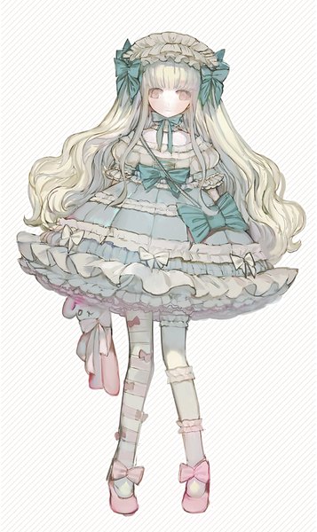 Anime picture 522x877 with original memipong single long hair tall image blush fringe blonde hair standing white background full body blunt bangs pink eyes wavy hair frilled dress lolita fashion striped background sweet lolita girl dress