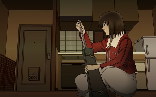 Anime picture 1680x1050 with kara no kyoukai type-moon ryougi shiki highres brown hair wide image indoors weapon room door