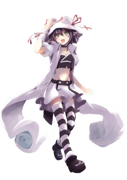 Anime picture 1447x2046 with yumekui merry merry nightmare jijii48 single tall image looking at viewer blush short hair open mouth simple background white background green eyes purple hair pointy ears bare belly midriff girl thighhighs skirt navel