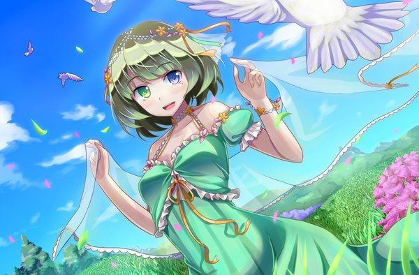 Anime picture 1141x750 with idolmaster idolmaster cinderella girls takagaki kaede akiyasu (artist) single blush short hair open mouth smile bare shoulders sky cloud (clouds) mole short sleeves puffy sleeves mole under eye heterochromia girl dress hair ornament