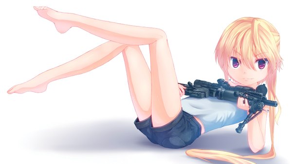 Anime picture 1600x903 with original jessica jefferson dreadtie single long hair blonde hair red eyes wide image twintails barefoot bare legs girl weapon shorts gun assault rifle