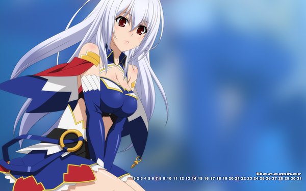 Anime picture 1920x1200 with madan no ou to vanadis eleonora viltaria wave ride single long hair looking at viewer highres light erotic red eyes bare shoulders white hair blue background calendar 2014 girl dress detached sleeves calendar