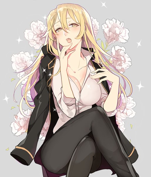 Anime picture 900x1050 with gintama sunrise (studio) kondo isao ayatoki-1 single long hair tall image looking at viewer blush breasts open mouth light erotic simple background blonde hair cleavage grey background sparkle crossed legs clothes on shoulders genderswap