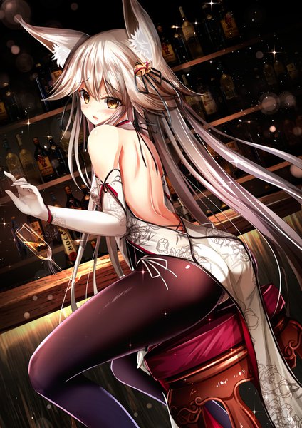 Anime picture 1301x1840 with original haguruma (hagurumali) single long hair tall image looking at viewer blush fringe open mouth light erotic hair between eyes sitting bare shoulders animal ears yellow eyes traditional clothes looking back grey hair from behind sparkle