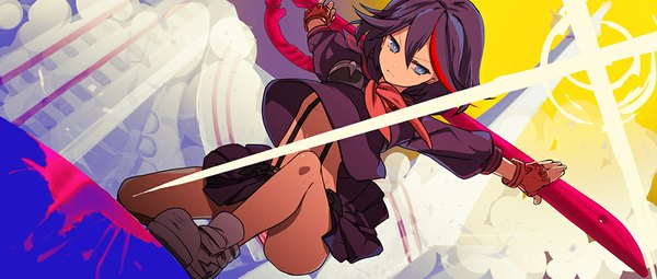 Anime picture 1000x425 with kill la kill studio trigger matoi ryuuko hayley single short hair blue eyes light erotic black hair wide image looking away multicolored hair two-tone hair pantyshot streaked hair girl gloves uniform underwear panties