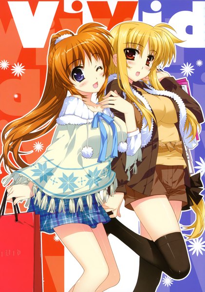 Anime picture 2457x3500 with mahou shoujo lyrical nanoha fate testarossa takamachi nanoha fujima takuya long hair tall image blush highres open mouth blonde hair red eyes purple eyes multiple girls ponytail one eye closed wink orange hair girl thighhighs skirt