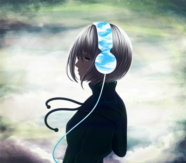 Anime picture 1100x968 with original bounin single short hair silver hair profile grey eyes girl headphones