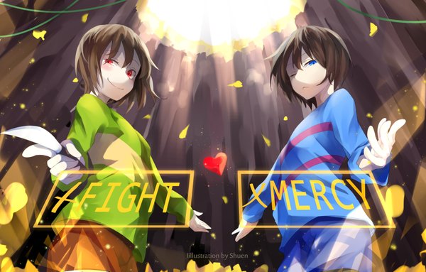 Anime picture 3500x2237 with undertale chara (undertale) frisk (undertale) somnia looking at viewer fringe highres short hair blue eyes smile hair between eyes red eyes brown hair signed absurdres long sleeves one eye closed sunlight from below shaded face