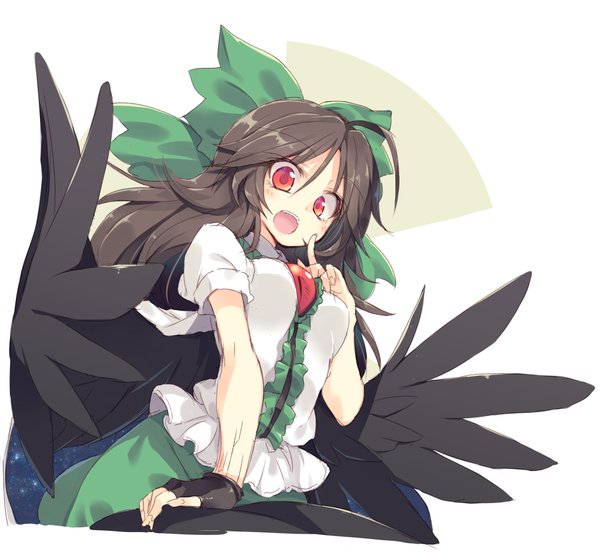 Anime picture 1020x940 with touhou reiuji utsuho satou kibi single long hair fringe open mouth black hair simple background hair between eyes red eyes white background ahoge from below black wings starry sky print space print girl gloves bow
