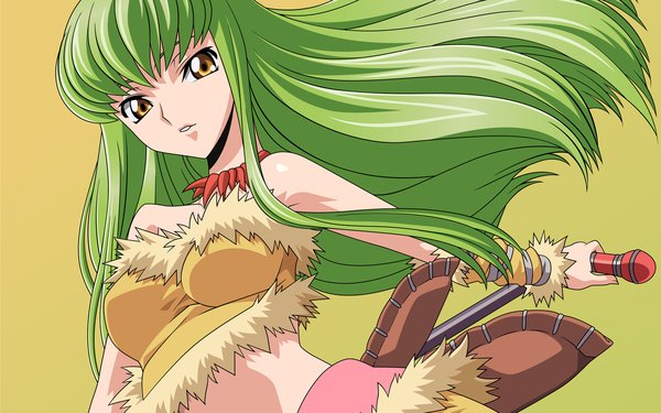 Anime picture 1920x1200 with code geass sunrise (studio) c.c. single long hair looking at viewer fringe highres wide image yellow eyes parted lips green hair vector yellow background girl
