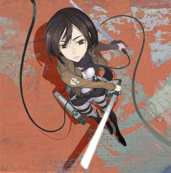 Anime picture 1250x1265 with shingeki no kyojin production i.g mikasa ackerman murasaki hisato single tall image short hair black hair holding brown eyes from above open clothes open jacket shadow dual wielding girl uniform weapon sword jacket