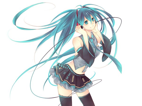 Anime picture 1000x750 with vocaloid hatsune miku kawaiirei single blush simple background smile white background twintails very long hair pleated skirt aqua eyes aqua hair midriff hand on headphones girl thighhighs skirt black thighhighs detached sleeves