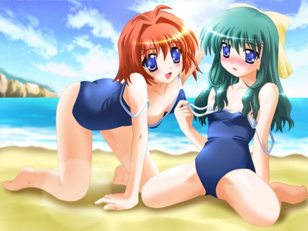 Anime picture 1024x768 with onegai twins otoki raku light erotic beach summer swimsuit water sea rakukine