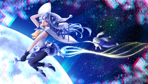 Anime picture 1750x1000 with vocaloid suki! yuki! maji magic (vocaloid) hatsune miku yuki miku yuki miku (2014) bon-da single long hair highres blue eyes wide image blue hair looking away light smile anaglyph glow riding girl dress gloves