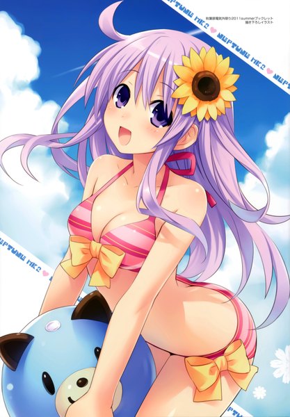 Anime picture 4848x6972 with choujigen game neptune nepgear tsunako long hair tall image blush highres open mouth purple eyes absurdres purple hair official art girl bow swimsuit bikini striped bikini sunflower