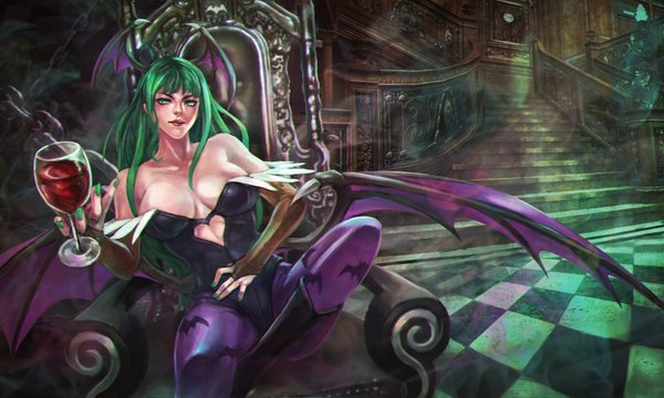 Anime picture 4130x2480 with vampire / darkstalkers (game) capcom morrigan aensland monori rogue single long hair looking at viewer fringe highres breasts light erotic wide image large breasts sitting bare shoulders green eyes absurdres nail polish fingernails green hair