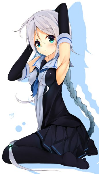 Anime picture 459x800 with kantai collection umikaze (kantai collection) minari (minari37) single long hair tall image looking at viewer blush breasts blue eyes simple background white background sitting signed blue hair purple hair ahoge bent knee (knees) braid (braids) pleated skirt