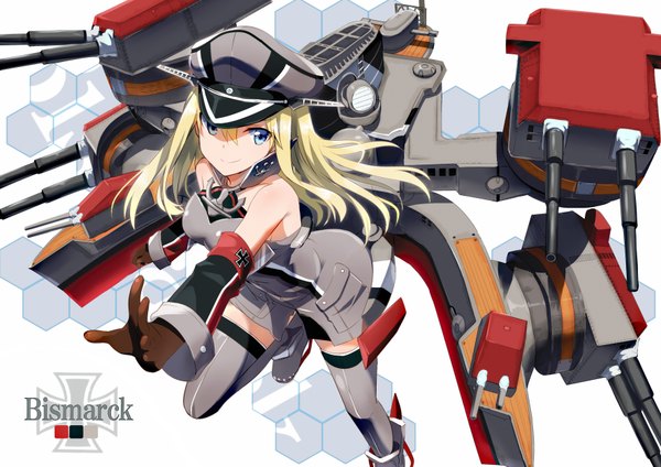 Anime picture 1770x1253 with kantai collection bismarck battleship gotyou single long hair looking at viewer highres blue eyes blonde hair smile character names girl thighhighs dress gloves weapon detached sleeves gun short dress cap