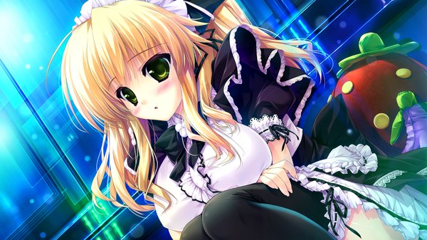 Anime picture 2560x1440 with prism recollection uisaki hinano shintarou single long hair blush highres open mouth blonde hair wide image green eyes game cg maid crossed arms girl thighhighs dress black thighhighs headdress black dress