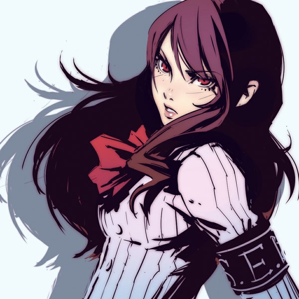 Anime picture 1024x1024 with persona 3 persona kirijou mitsuru ilya kuvshinov single long hair looking at viewer fringe breasts open mouth red eyes red hair parted lips lips shadow angry girl bow shirt bowtie