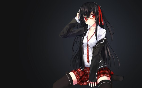 Anime picture 1920x1200 with original assassinwarrior single long hair blush highres breasts black hair red eyes looking away off shoulder open clothes open jacket :o wallpaper zettai ryouiki girl thighhighs skirt ribbon (ribbons)