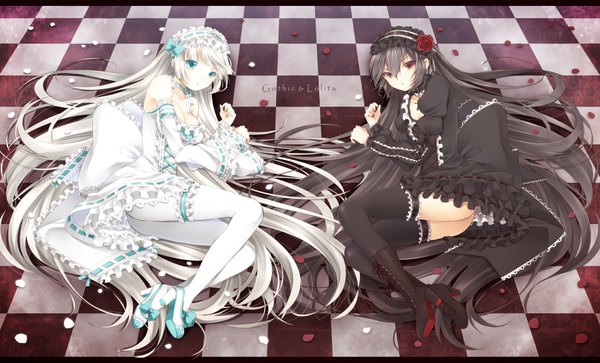 Anime picture 2000x1211 with original hattori (junoct2000) long hair highres blue eyes black hair red eyes wide image multiple girls white hair lying checkered floor girl thighhighs dress flower (flowers) black thighhighs 2 girls petals white thighhighs