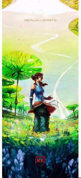 Anime picture 763x1675 with avatar: the legend of korra korra artipelago single long hair tall image blue eyes brown hair twintails ponytail traditional clothes japanese clothes lips sunlight realistic coloring girl plant (plants) tree (trees) belt