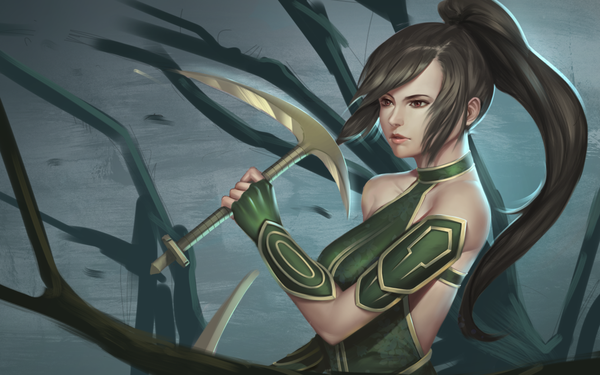 Anime picture 1280x800 with league of legends akali (league of legends) sinceillust single long hair black hair red eyes bare shoulders looking away ponytail lips girl weapon ninja