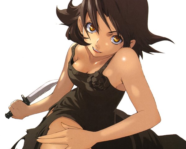 Anime picture 1920x1536 with baccano! chane laforet single highres short hair open mouth brown hair white background brown eyes orange eyes girl dress knife