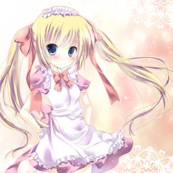 Anime picture 3035x3035 with original amane ruri single long hair blush highres blue eyes simple background blonde hair twintails absurdres maid loli girl dress bow hair bow headdress maid headdress insect