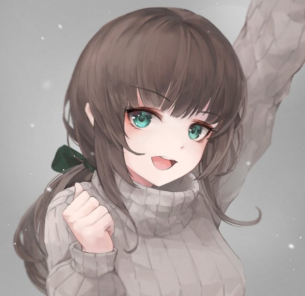 Anime picture 2416x2344 with original crystalherb single long hair looking at viewer blush fringe highres open mouth simple background brown hair upper body arm up aqua eyes grey background teeth low ponytail girl ribbon (ribbons) hair ribbon