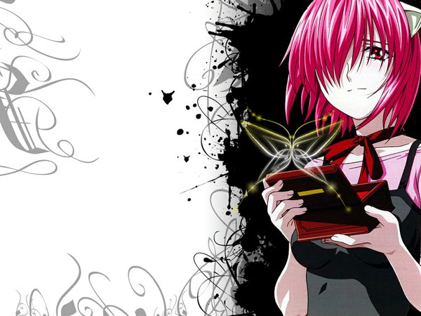 Anime picture 1024x768 with elfen lied arms corporation lucy lynn okamoto (artist) single looking at viewer fringe short hair red eyes animal ears pink hair upper body light smile hair over one eye wallpaper third-party edit girl casket music box