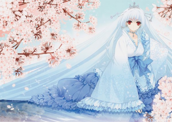 Anime picture 2189x1550 with suzuhira hiro long hair highres red eyes silver hair long sleeves very long hair japanese clothes cherry blossoms lolita fashion forehead mark girl flower (flowers) earrings jewelry necklace branch tiara