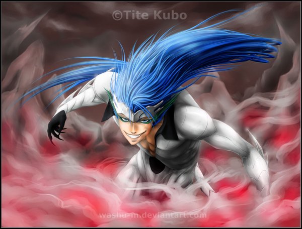 Anime picture 1280x973 with bleach studio pierrot grimmjow jeagerjaques washu-m single long hair blue eyes smile signed blue hair wallpaper border espada boy claws