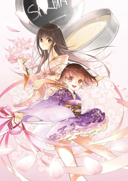 Anime picture 816x1157 with original salt (salty) long hair tall image blush short hair open mouth red eyes brown hair multiple girls green eyes looking away traditional clothes japanese clothes cherry blossoms lolita fashion wa lolita girl ribbon (ribbons) 2 girls