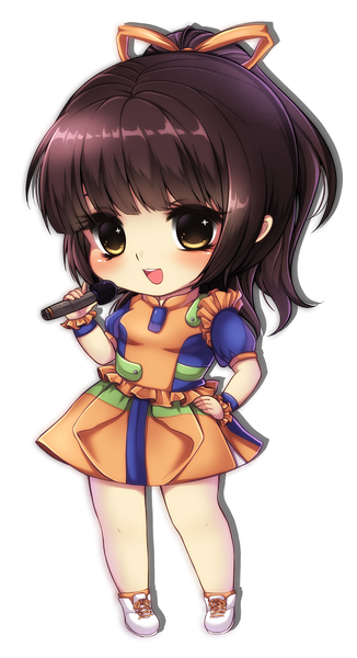 Anime picture 1013x1859 with midna01 single long hair tall image blush fringe open mouth black hair simple background yellow eyes ponytail black eyes hand on hip chibi girl dress ribbon (ribbons) hair ribbon microphone
