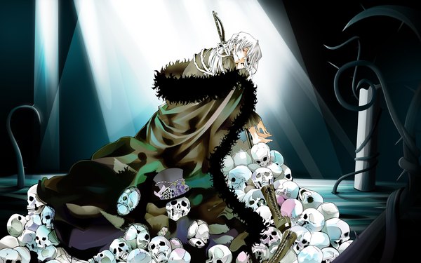 Anime picture 2560x1600 with pandora hearts xebec xerxes break mochizuki jun single long hair looking at viewer fringe highres red eyes sitting full body white hair barefoot light smile hair over one eye fur trim torn clothes turning head light