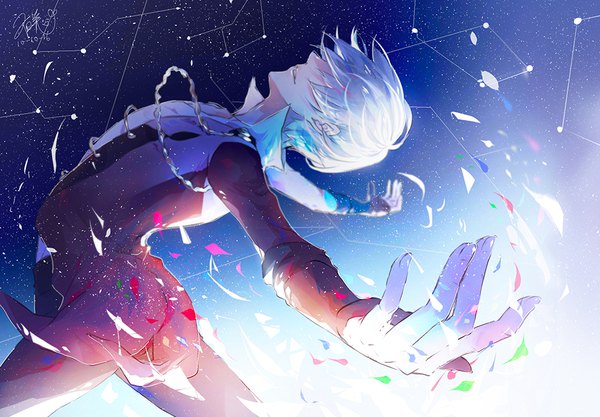 Anime picture 954x664 with yuri!!! on ice mappa viktor nikiforov mi yang single highres short hair signed silver hair parted lips profile fingernails blurry depth of field dated spread arms arched back hair over eyes constellation figure skating