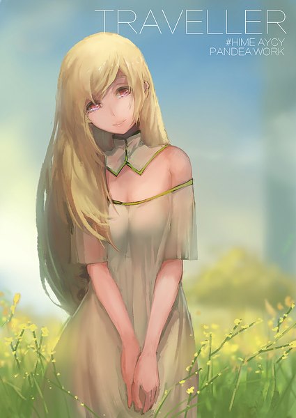 Anime picture 726x1024 with original pandea work single long hair tall image fringe blonde hair smile red eyes standing bare shoulders head tilt inscription text english girl dress flower (flowers) plant (plants) white dress