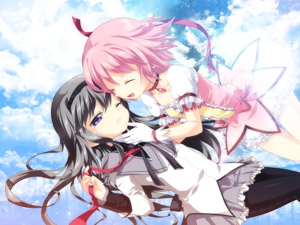 Anime picture 1600x1200 with mahou shoujo madoka magica shaft (studio) akemi homura kaname madoka jyuru long hair short hair black hair smile purple eyes multiple girls pink hair sky cloud (clouds) eyes closed one eye closed wink shoujo ai girl ribbon (ribbons)